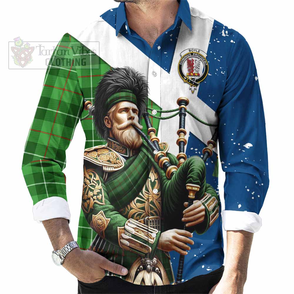 Tartan Vibes Clothing Boyle Tartan Long Sleeve Button Shirt with Family Crest Scottish Bagpiper Vibes