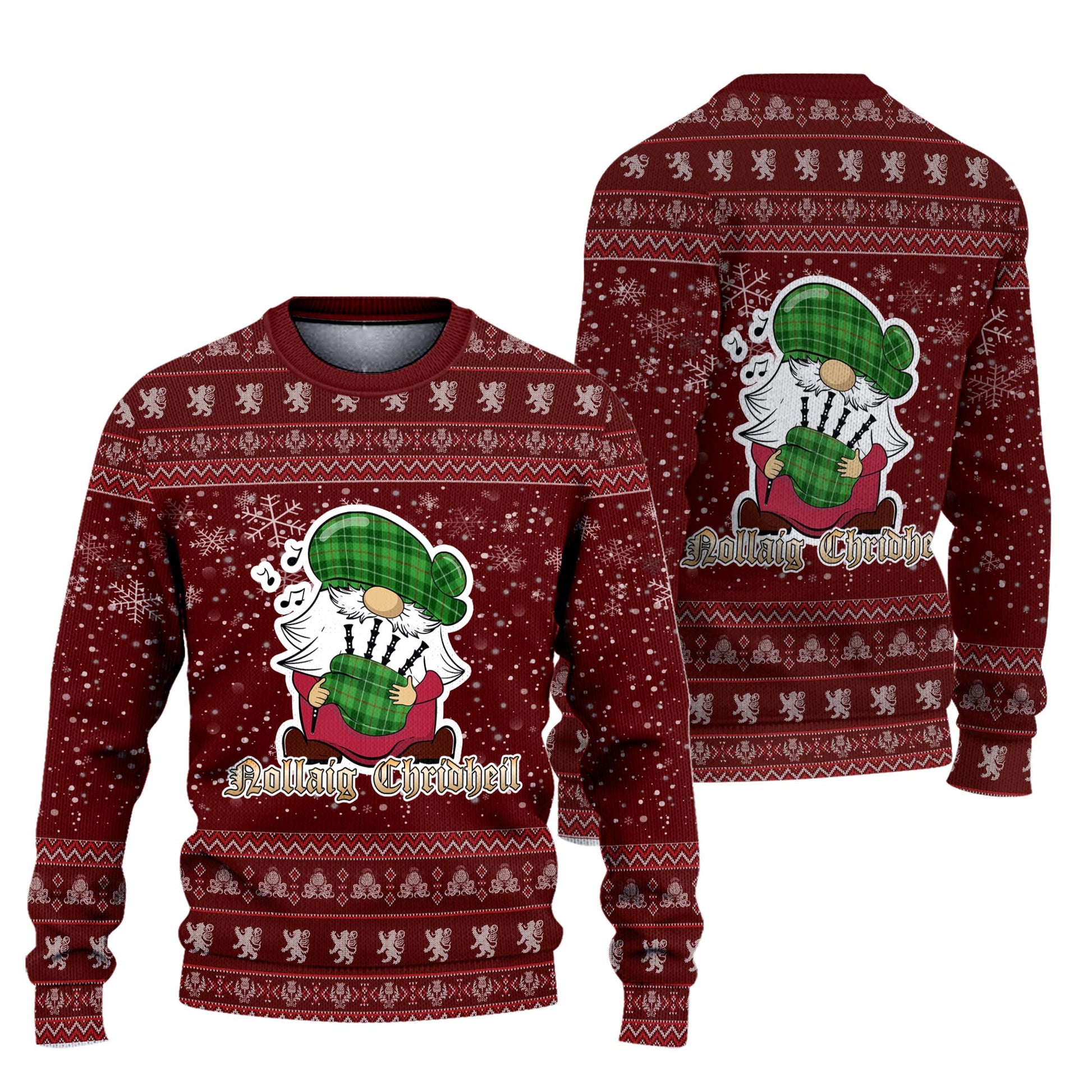 Boyle Clan Christmas Family Knitted Sweater with Funny Gnome Playing Bagpipes Unisex Red - Tartanvibesclothing