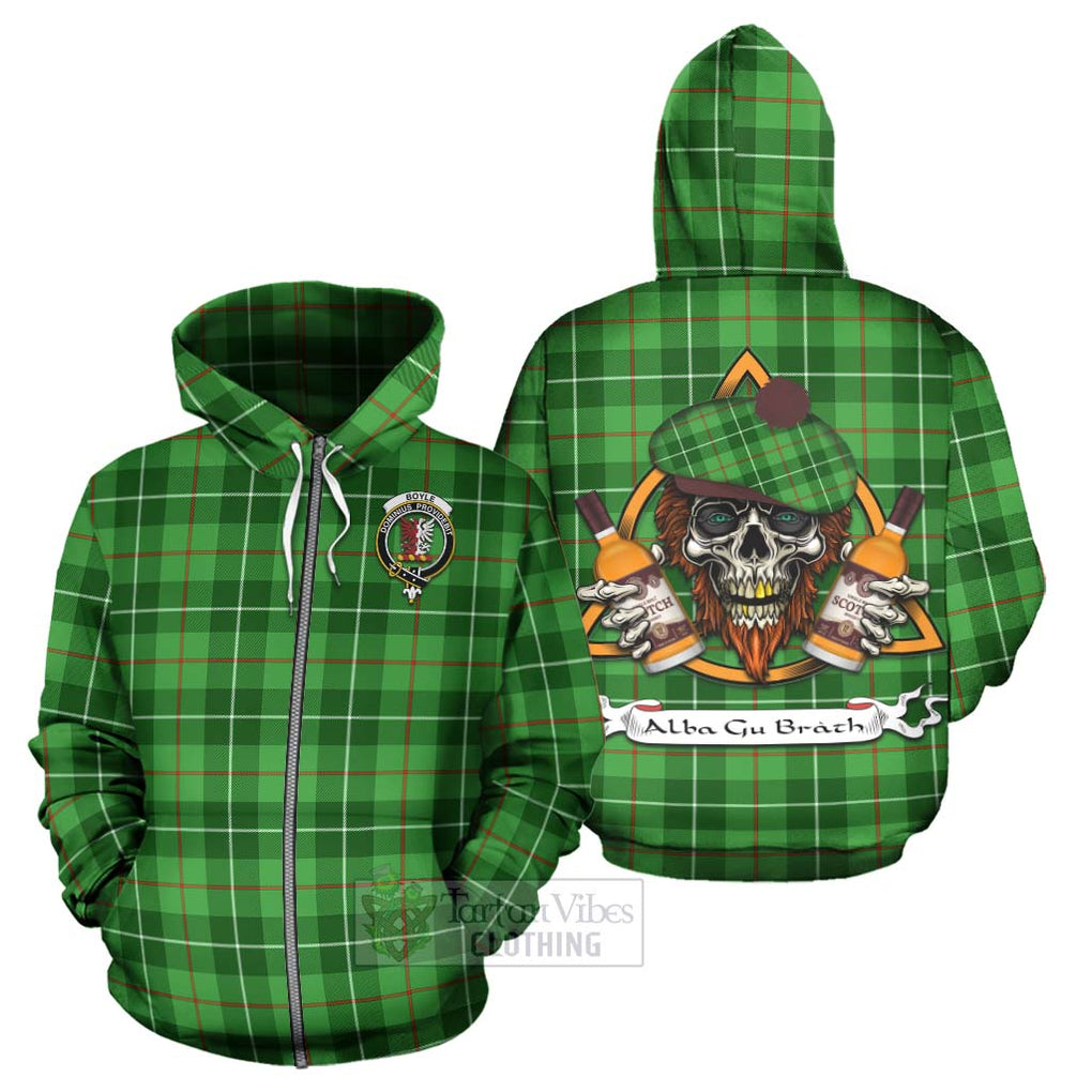 Tartan Vibes Clothing Boyle Tartan Hoodie with Family Crest and Bearded Skull Holding Bottles of Whiskey