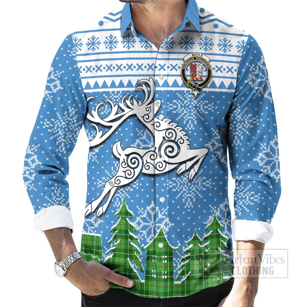 Tartan Vibes Clothing Boyle Clan Christmas Long Sleeve Button Shirt Celtic Reindeer Style