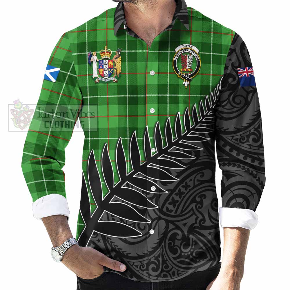 Tartan Vibes Clothing Boyle Crest Tartan Long Sleeve Button Shirt with New Zealand Silver Fern Half Style