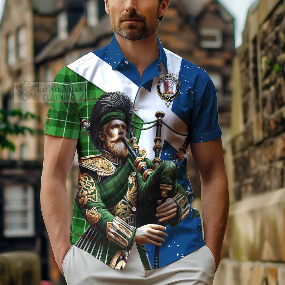 Tartan Vibes Clothing Boyle Tartan Short Sleeve Button Shirt with Family Crest Scottish Bagpiper Vibes