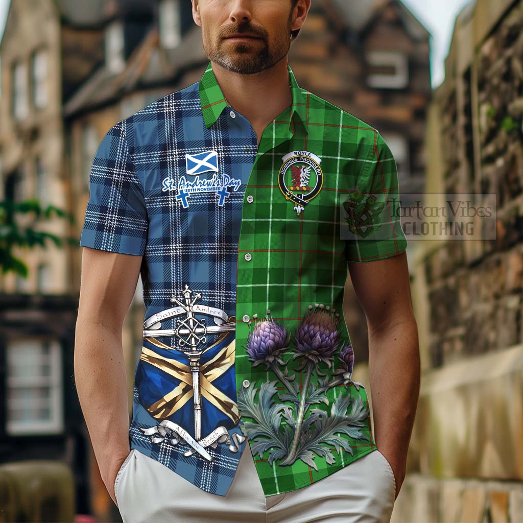 Tartan Vibes Clothing Boyle Tartan Short Sleeve Button Shirt Happy St. Andrew's Day Half Tartan Style