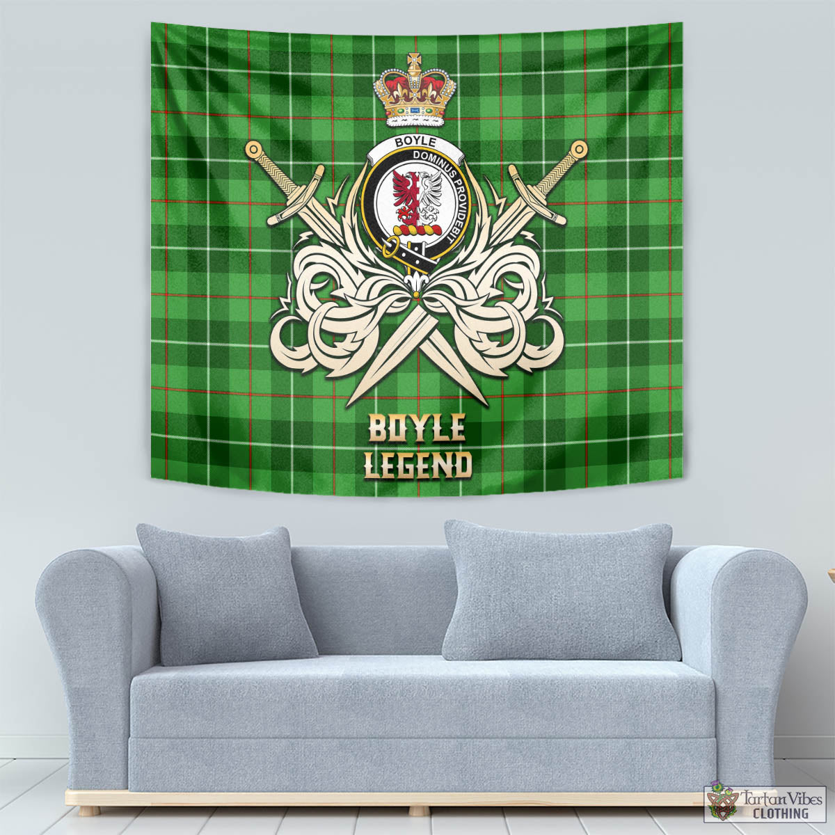 Tartan Vibes Clothing Boyle Tartan Tapestry with Clan Crest and the Golden Sword of Courageous Legacy