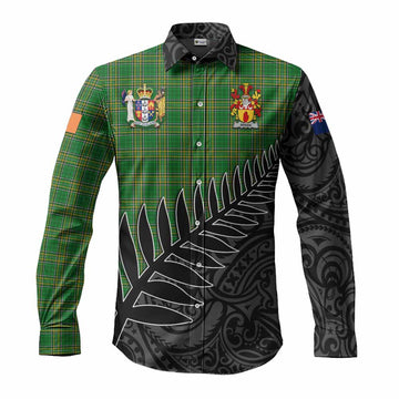 Breen Irish Clan Tartan Long Sleeve Button Shirt with Coat of Arms New Zealand Silver Fern Half Style Men's Shirt S - Tartan Vibes Clothing