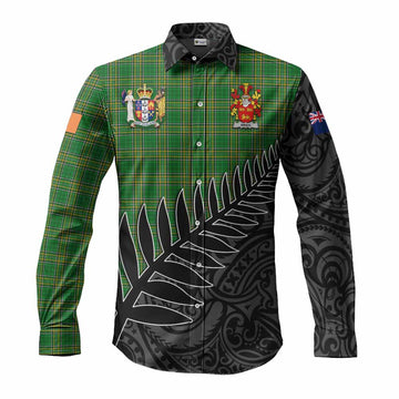 Brien Irish Clan Tartan Long Sleeve Button Shirt with Coat of Arms New Zealand Silver Fern Half Style Men's Shirt S - Tartan Vibes Clothing