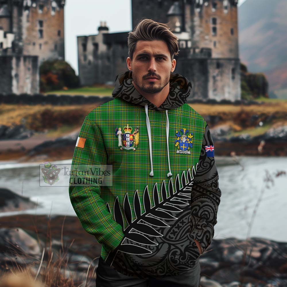 Tartan Vibes Clothing Brinkley Irish Clan Tartan Cotton Hoodie with Coat of Arms New Zealand Silver Fern Half Style