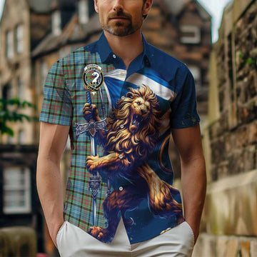 Brisbane Tartan Family Crest Short Sleeve Button Shirt with Scottish Majestic Lion