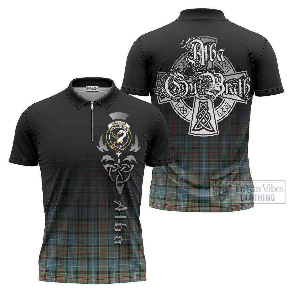 Tartan Vibes Clothing Brisbane Tartan Zipper Polo Shirt Featuring Alba Gu Brath Family Crest Celtic Inspired