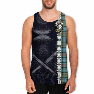 Brisbane Tartan Men's Tank Top with Family Crest Cross Sword Thistle Celtic Vibes