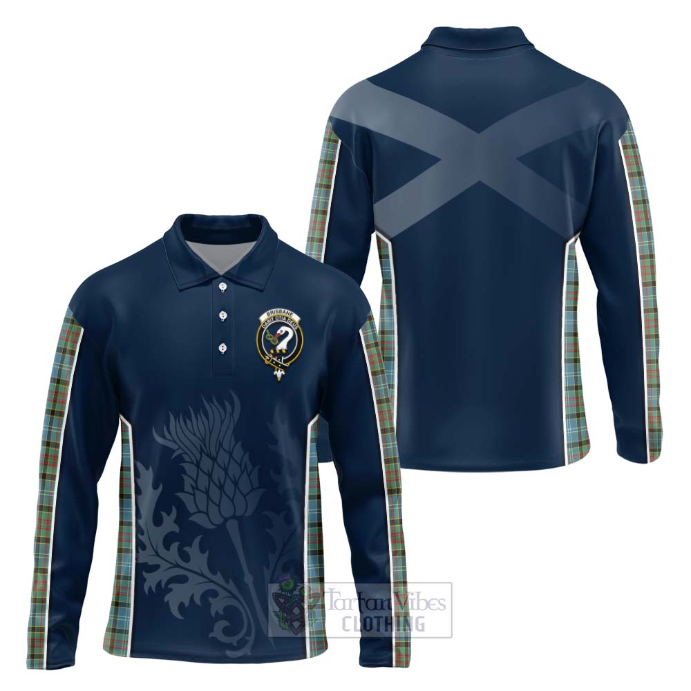 Tartan Vibes Clothing Brisbane Tartan Long Sleeve Polo Shirt with Family Crest and Scottish Thistle Vibes Sport Style