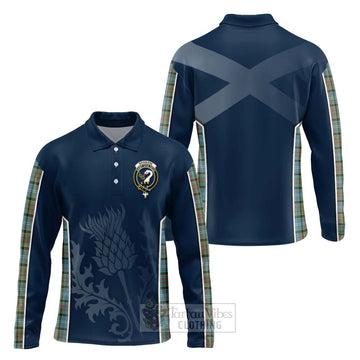 Brisbane Tartan Long Sleeve Polo Shirt with Family Crest and Scottish Thistle Vibes Sport Style