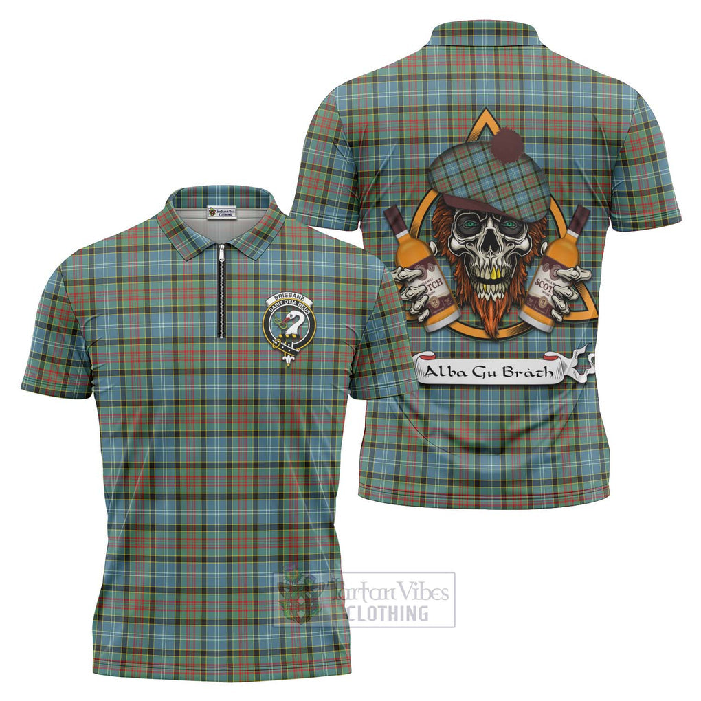 Tartan Vibes Clothing Brisbane Tartan Zipper Polo Shirt with Family Crest and Bearded Skull Holding Bottles of Whiskey