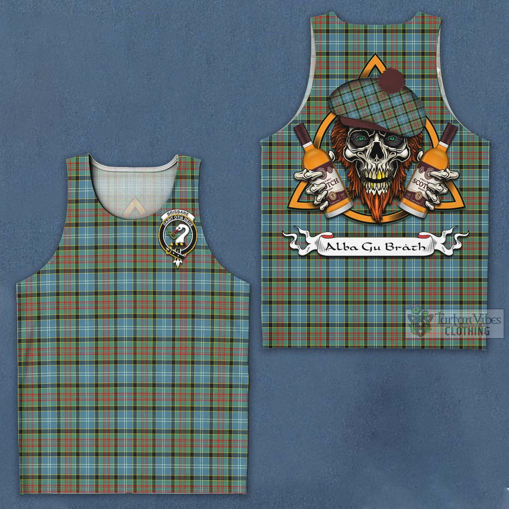 Tartan Vibes Clothing Brisbane Tartan Men's Tank Top with Family Crest and Bearded Skull Holding Bottles of Whiskey