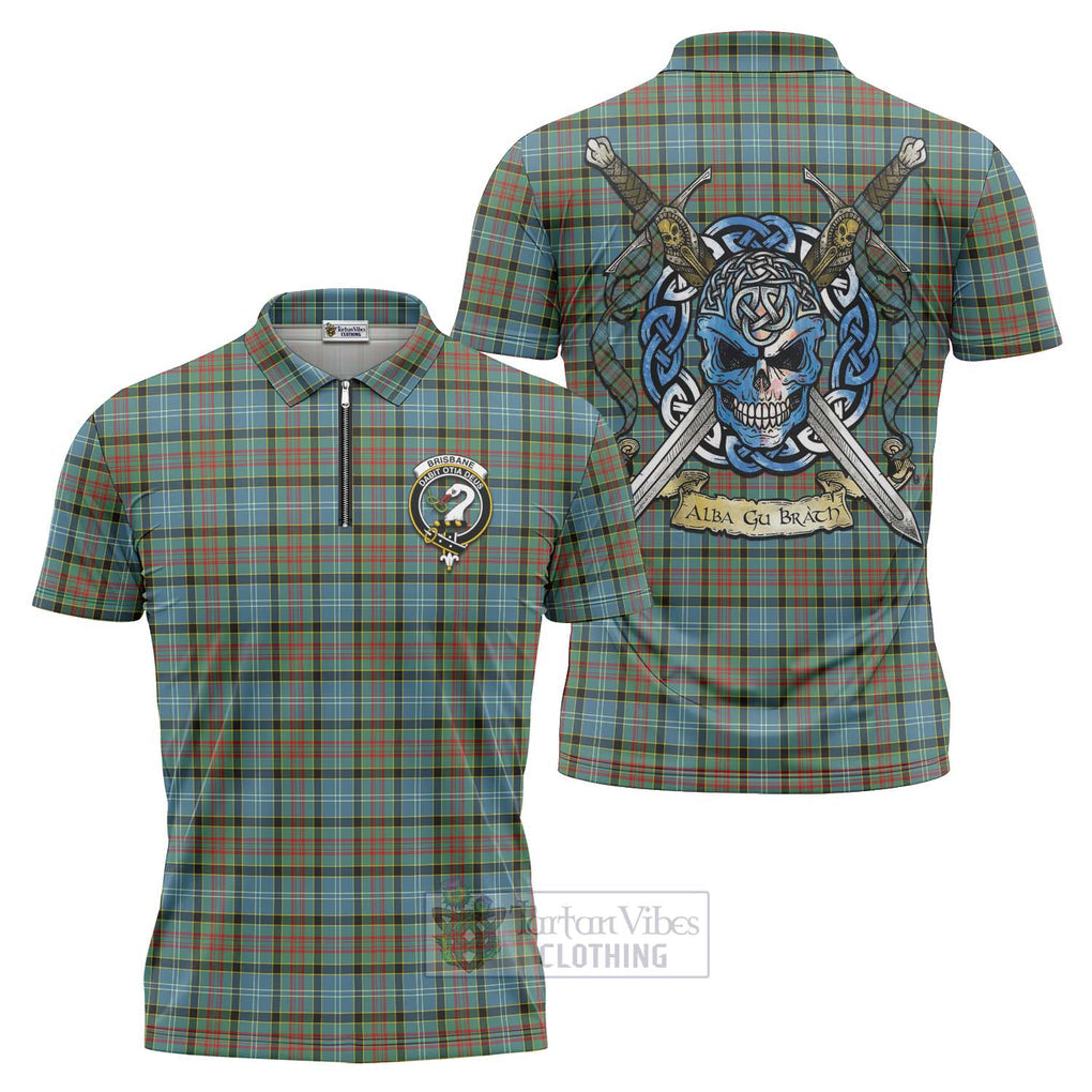 Tartan Vibes Clothing Brisbane Tartan Zipper Polo Shirt with Family Crest Celtic Skull Style