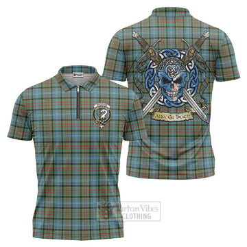 Brisbane Tartan Zipper Polo Shirt with Family Crest Celtic Skull Style