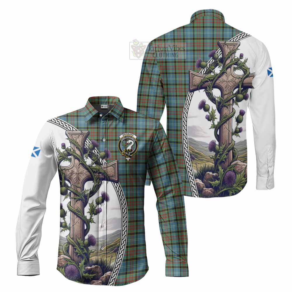 Tartan Vibes Clothing Brisbane Tartan Long Sleeve Button Shirt with Family Crest and St. Andrew's Cross Accented by Thistle Vines