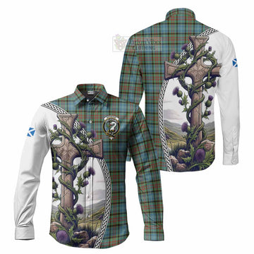 Brisbane Tartan Long Sleeve Button Shirt with Family Crest and St. Andrew's Cross Accented by Thistle Vines