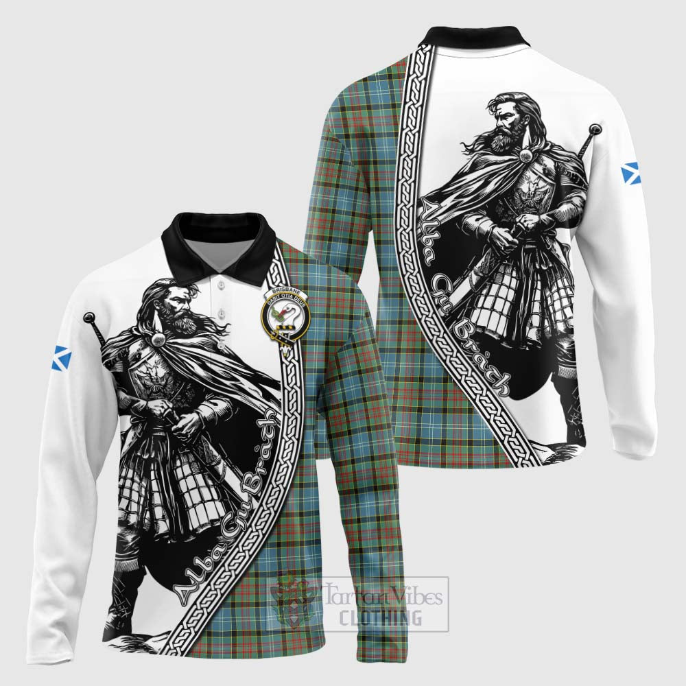 Tartan Vibes Clothing Brisbane Tartan Clan Crest Long Sleeve Polo Shirt with Highlander Warrior Celtic Style