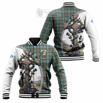 Brisbane Tartan Baseball Jacket with Family Crest and St. Andrew's Cross Accented by Thistle Vines