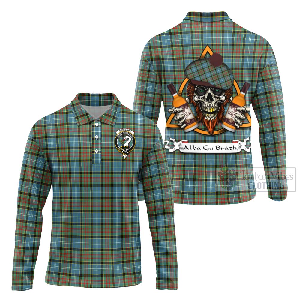 Tartan Vibes Clothing Brisbane Tartan Long Sleeve Polo Shirt with Family Crest and Bearded Skull Holding Bottles of Whiskey