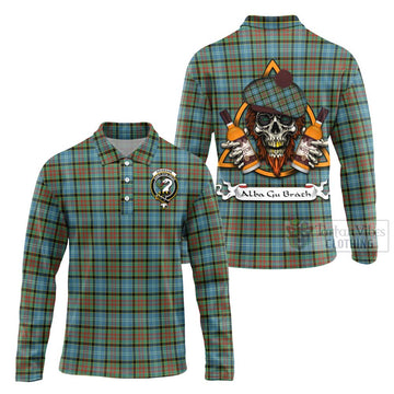 Brisbane Tartan Long Sleeve Polo Shirt with Family Crest and Bearded Skull Holding Bottles of Whiskey