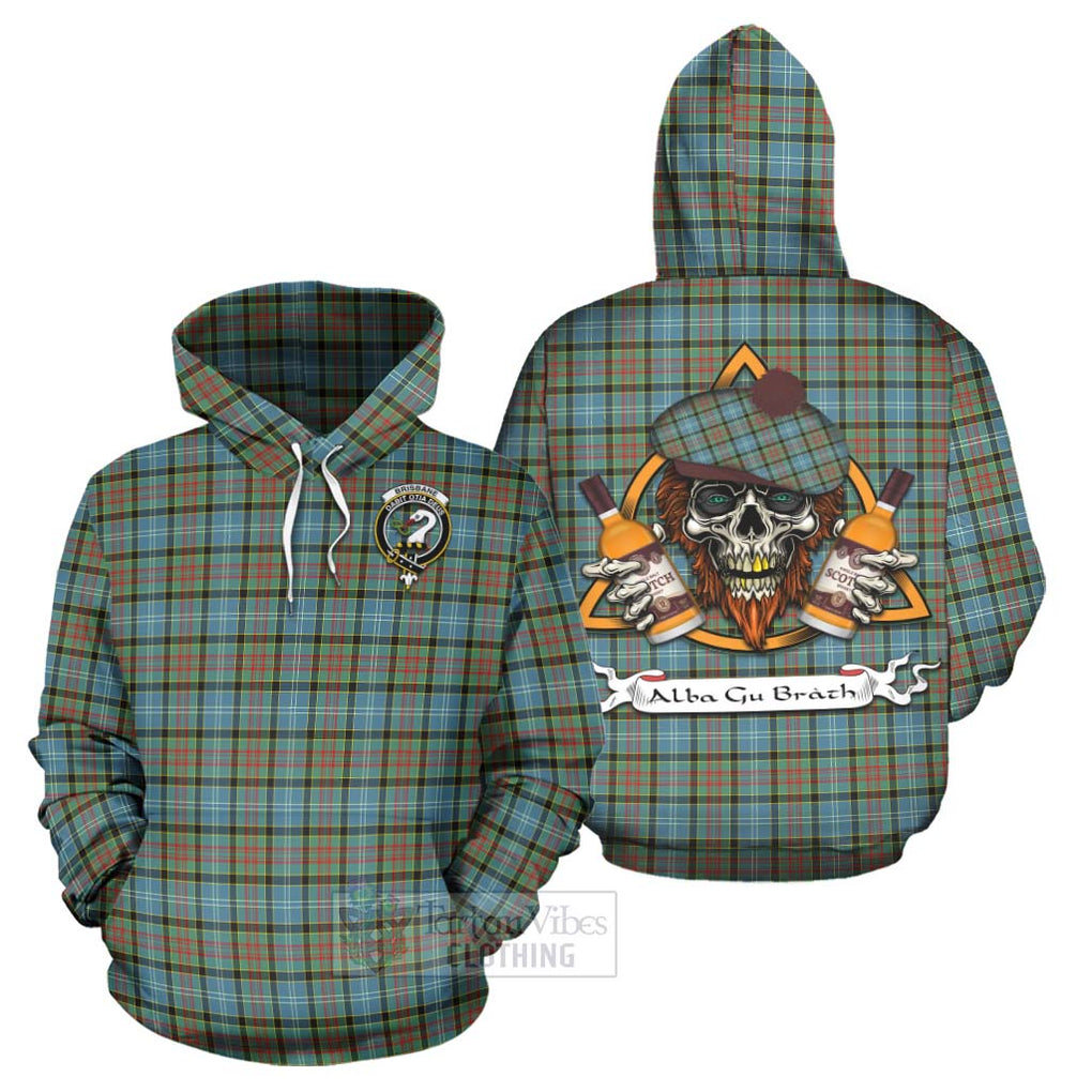 Tartan Vibes Clothing Brisbane Tartan Hoodie with Family Crest and Bearded Skull Holding Bottles of Whiskey