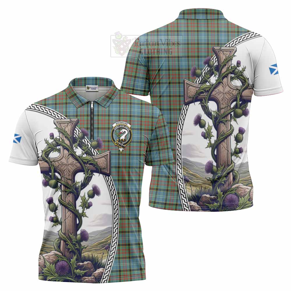 Tartan Vibes Clothing Brisbane Tartan Zipper Polo Shirt with Family Crest and St. Andrew's Cross Accented by Thistle Vines