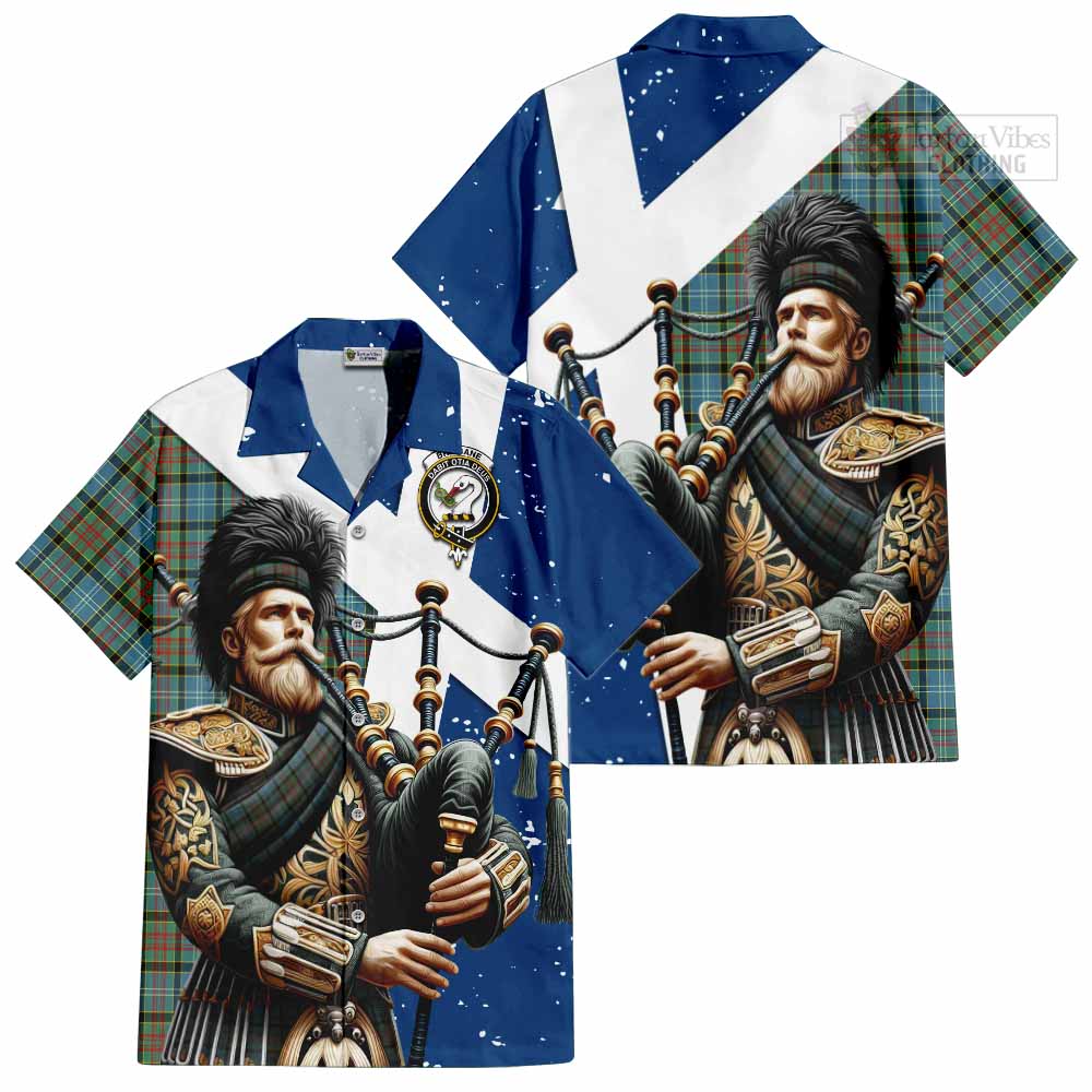 Tartan Vibes Clothing Brisbane Tartan Short Sleeve Button Shirt with Family Crest Scottish Bagpiper Vibes