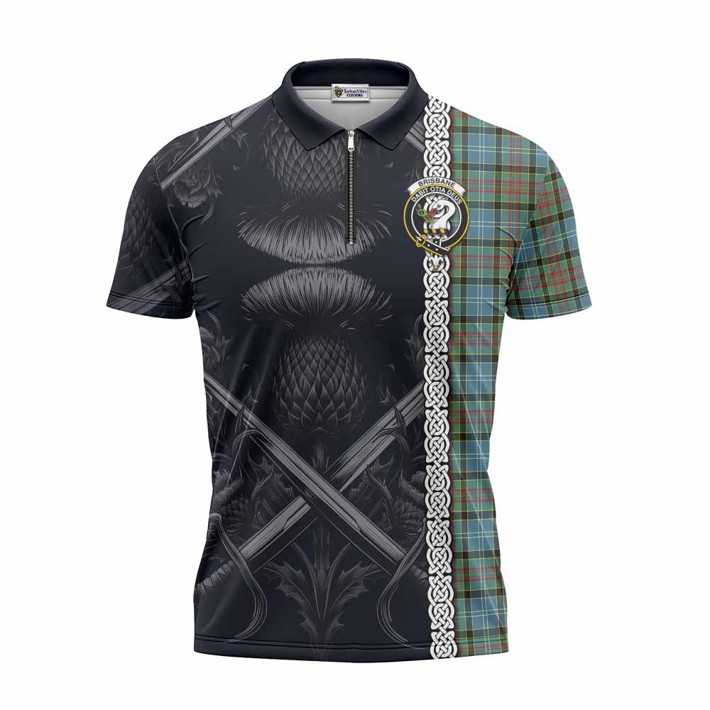 Tartan Vibes Clothing Brisbane Tartan Zipper Polo Shirt with Family Crest Cross Sword Thistle Celtic Vibes