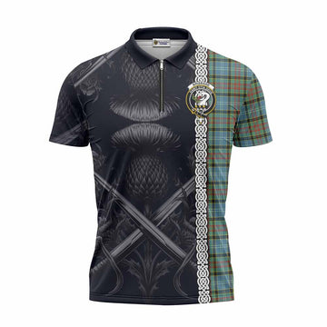 Brisbane Tartan Zipper Polo Shirt with Family Crest Cross Sword Thistle Celtic Vibes