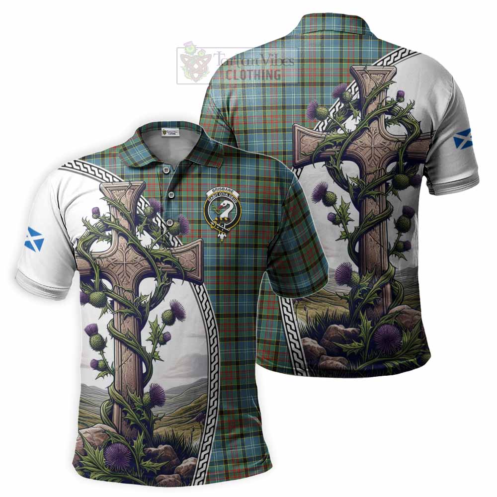 Tartan Vibes Clothing Brisbane Tartan Polo Shirt with Family Crest and St. Andrew's Cross Accented by Thistle Vines