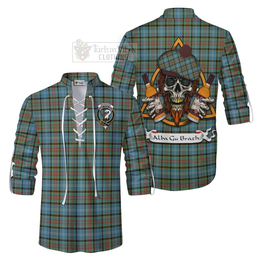 Tartan Vibes Clothing Brisbane Tartan Ghillie Kilt Shirt with Family Crest and Bearded Skull Holding Bottles of Whiskey