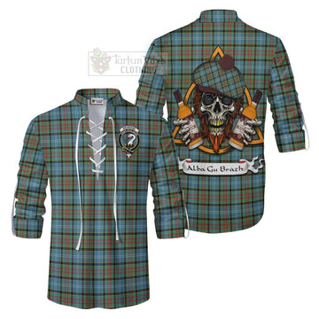 Brisbane Tartan Ghillie Kilt Shirt with Family Crest and Bearded Skull Holding Bottles of Whiskey