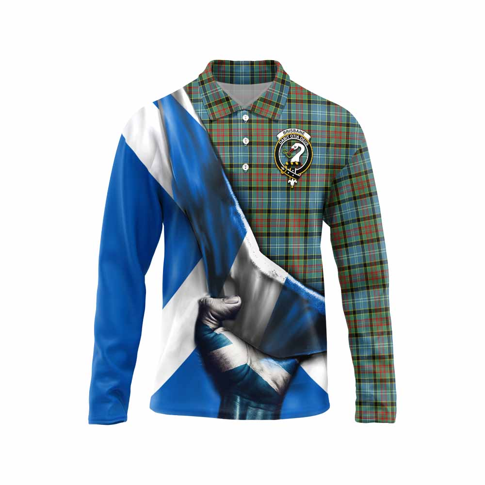 Tartan Vibes Clothing Brisbane Tartan Long Sleeve Polo Shirt with Family Crest Scotland Patriotic Style