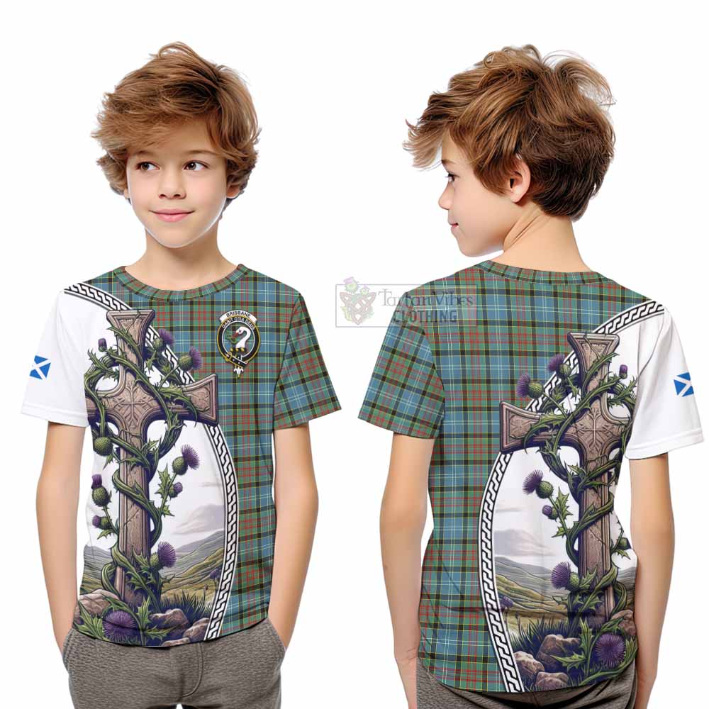 Tartan Vibes Clothing Brisbane Tartan Kid T-Shirt with Family Crest and St. Andrew's Cross Accented by Thistle Vines