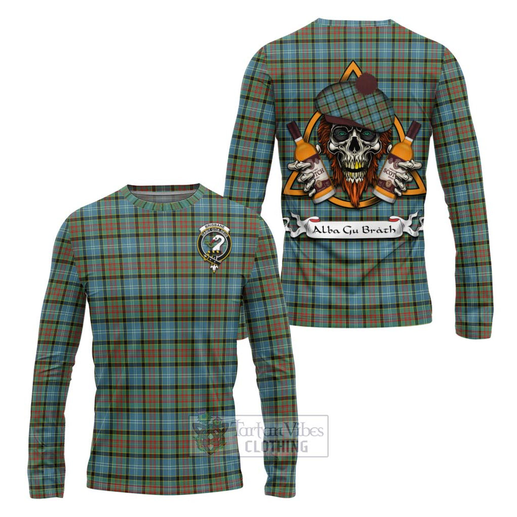 Tartan Vibes Clothing Brisbane Tartan Long Sleeve T-Shirt with Family Crest and Bearded Skull Holding Bottles of Whiskey