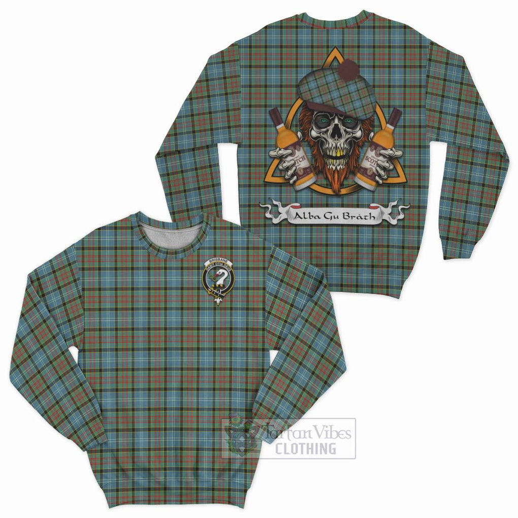 Tartan Vibes Clothing Brisbane Tartan Sweatshirt with Family Crest and Bearded Skull Holding Bottles of Whiskey