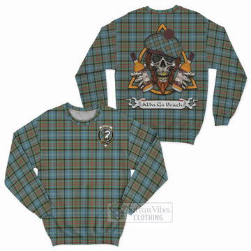 Brisbane Tartan Sweatshirt with Family Crest and Bearded Skull Holding Bottles of Whiskey