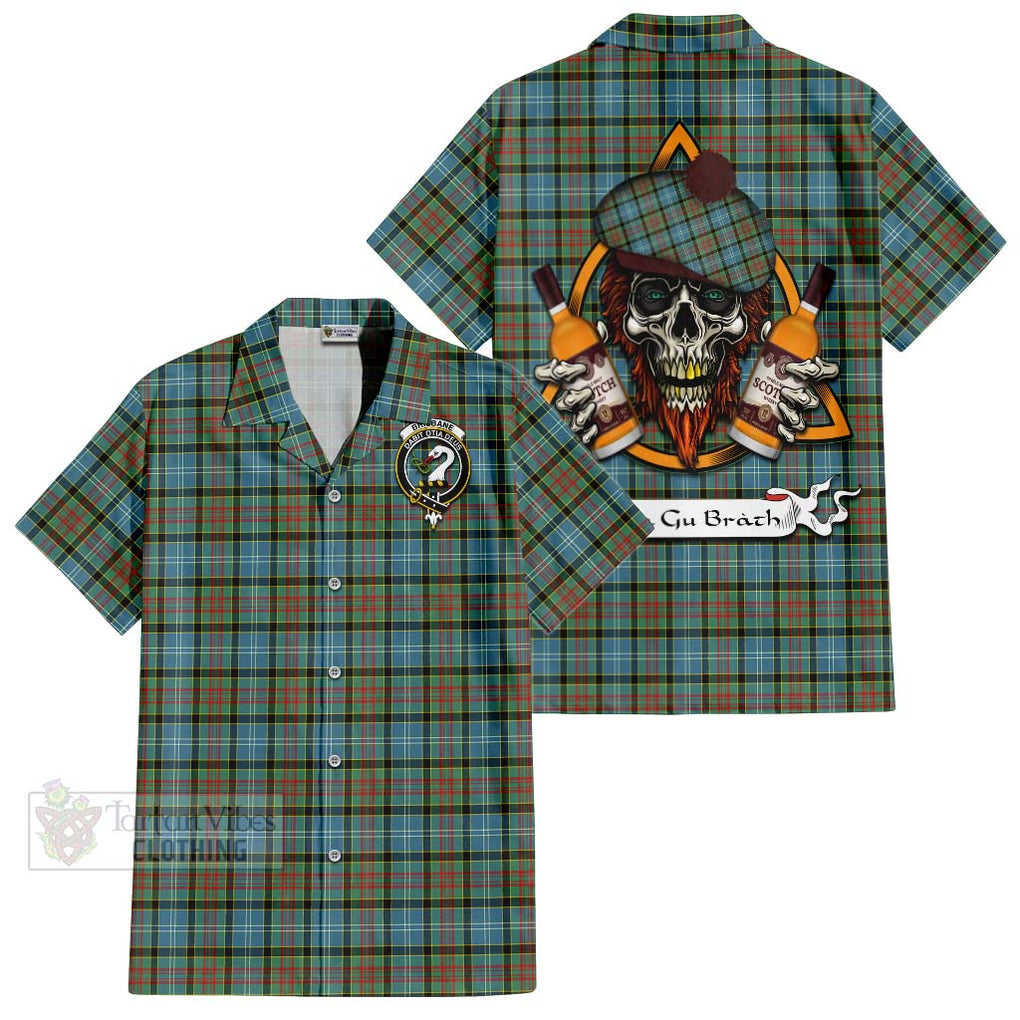 Tartan Vibes Clothing Brisbane Tartan Short Sleeve Button Shirt with Family Crest and Bearded Skull Holding Bottles of Whiskey