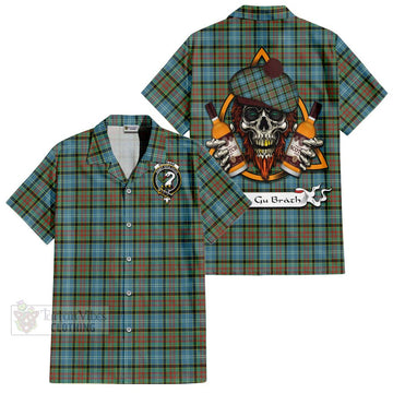 Brisbane Tartan Short Sleeve Button Shirt with Family Crest and Bearded Skull Holding Bottles of Whiskey