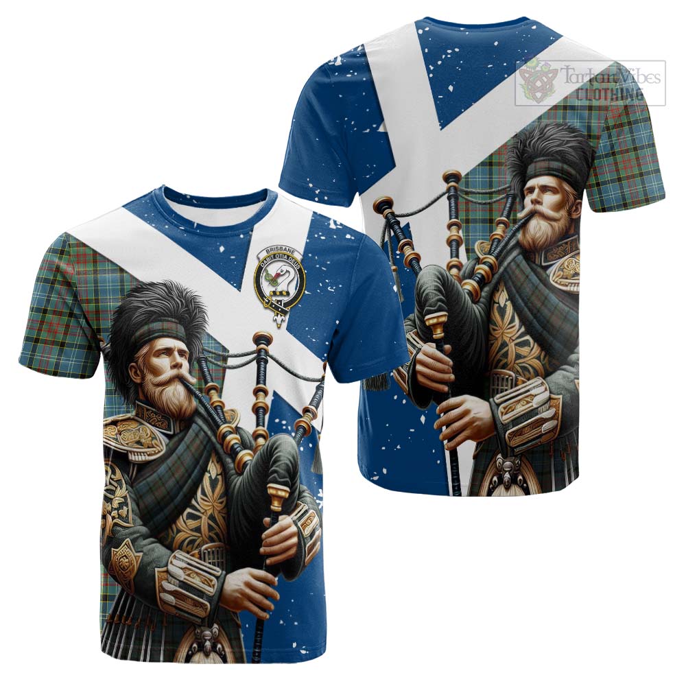 Tartan Vibes Clothing Brisbane Tartan Cotton T-shirt with Family Crest Scottish Bagpiper Vibes