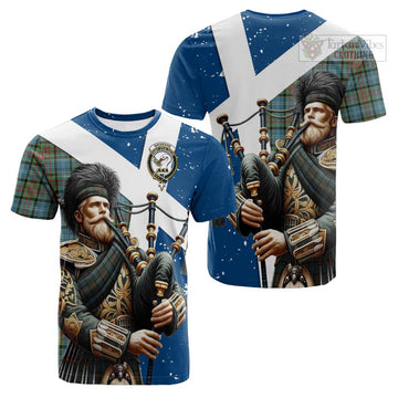 Brisbane Tartan Cotton T-shirt with Family Crest Scottish Bagpiper Vibes