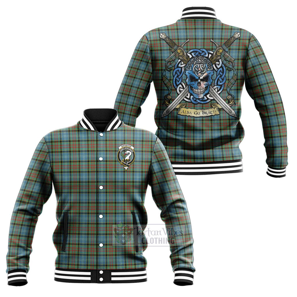 Tartan Vibes Clothing Brisbane Tartan Baseball Jacket with Family Crest Celtic Skull Style