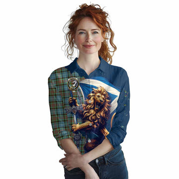 Brisbane Tartan Family Crest Women's Casual Shirt with Scottish Majestic Lion