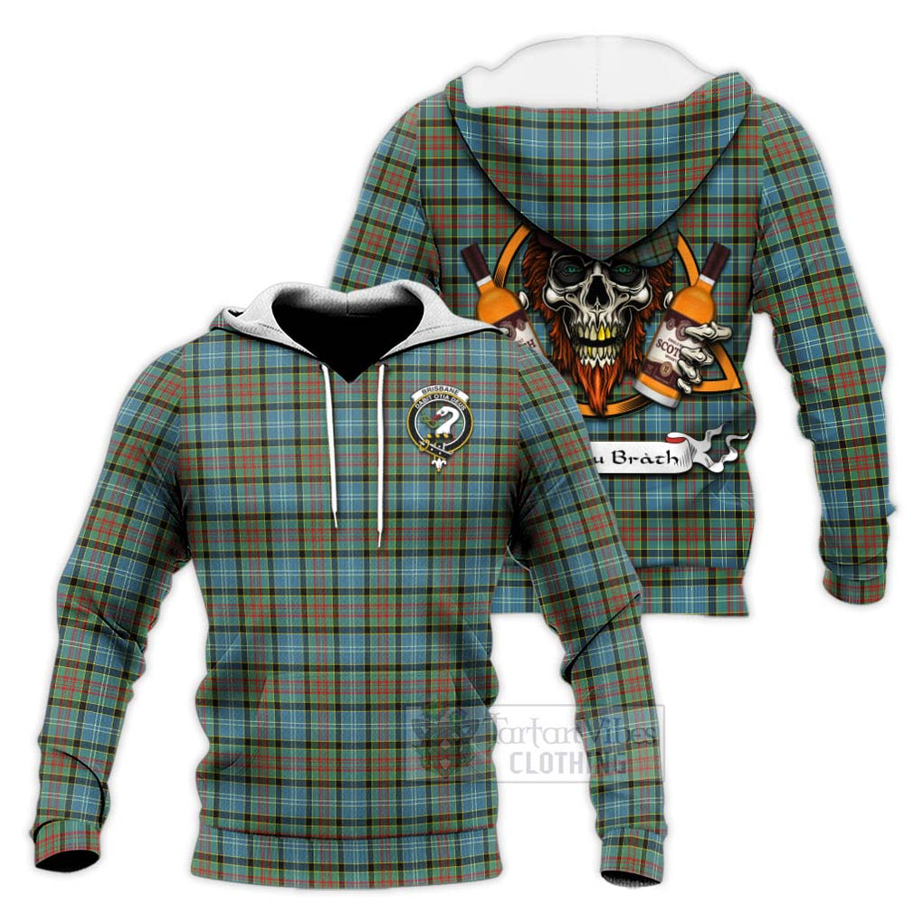 Tartan Vibes Clothing Brisbane Tartan Knitted Hoodie with Family Crest and Bearded Skull Holding Bottles of Whiskey