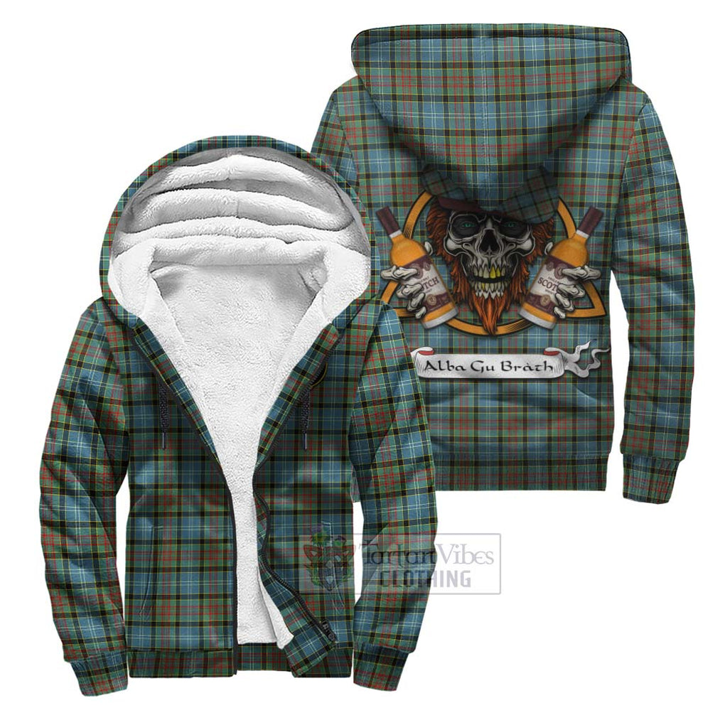 Tartan Vibes Clothing Brisbane Tartan Sherpa Hoodie with Family Crest and Bearded Skull Holding Bottles of Whiskey