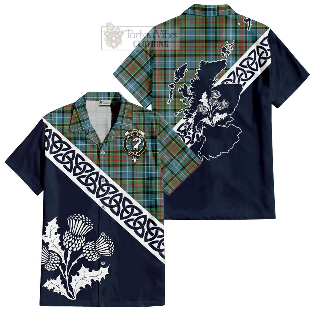 Tartan Vibes Clothing Brisbane Tartan Short Sleeve Button Shirt Featuring Thistle and Scotland Map