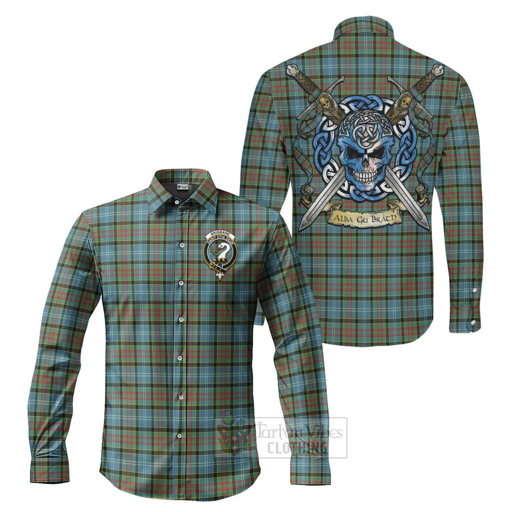 Tartan Vibes Clothing Brisbane Tartan Long Sleeve Button Shirt with Family Crest Celtic Skull Style