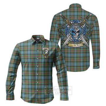 Brisbane Tartan Long Sleeve Button Shirt with Family Crest Celtic Skull Style